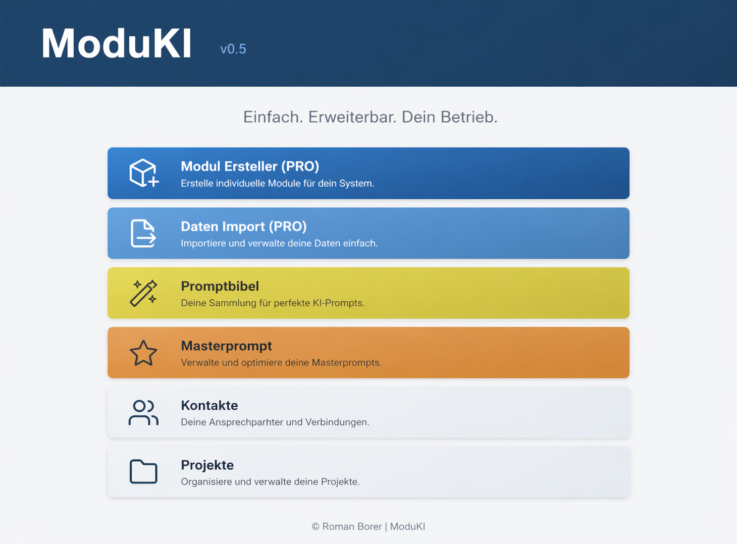 moduKI Übersicht – modulare Branchensoftware mit KI-Unterstützung für Handwerk, Projekte und Betriebsabläufe